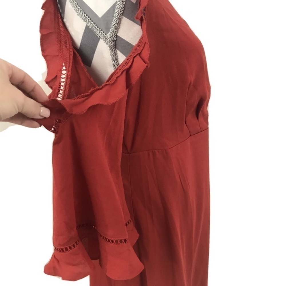 NWT - Aqua Cold Shoulder Ruffle Dress Burnt Orange High Low Wedding Guest Fall - Picture 7 of 10